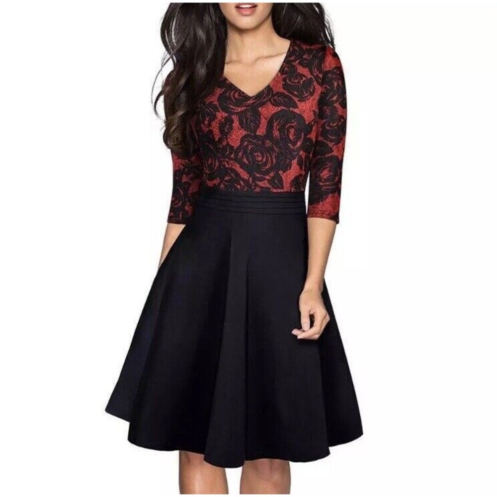 Elegant Black and Red Floral Midi Dress